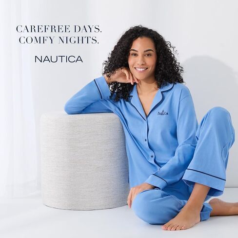 Nautica 2-Piece Notch Collar Pajama Set for Women, Button-Up Top & Drawstring Pants, Cotton Blend, Lightweight in Saudi Arabia