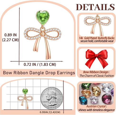 Austrian Crystal Heart Ribbon Bow Dangle Drop Earrings for Women 14K Gold Plated Hypoallergenic Jewelry in Kuwait