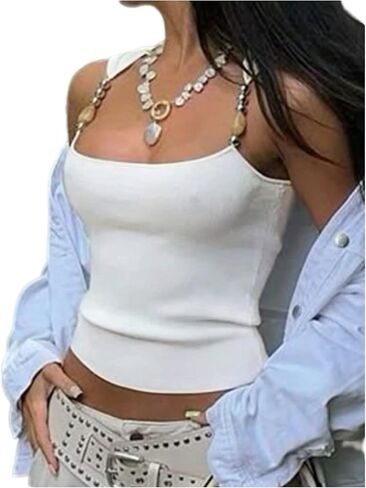 SHENHE Women's Sexy Ribbed Knit Tank Tops Scoop Neck Beaded Chain Sleeveless Fitted Boho Going Out Cami Top in Kuwait