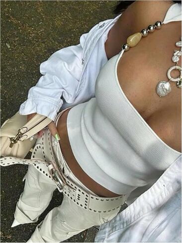 SHENHE Women's Sexy Ribbed Knit Tank Tops Scoop Neck Beaded Chain Sleeveless Fitted Boho Going Out Cami Top in Kuwait