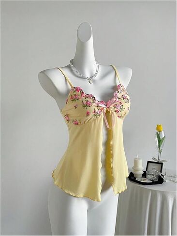 Milumia Women's Floral Embroidery Cami Crop Top Split Hem Spaghetti Strap Tops in Saudi Arabia