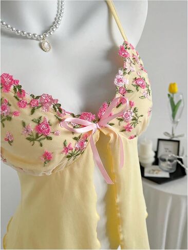 Milumia Women's Floral Embroidery Cami Crop Top Split Hem Spaghetti Strap Tops in Saudi Arabia