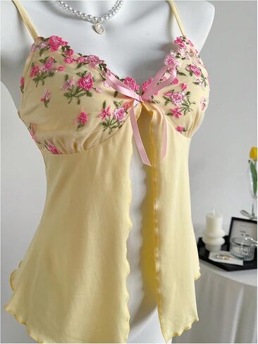 Milumia Women's Floral Embroidery Cami Crop Top Split Hem Spaghetti Strap Tops in Saudi Arabia