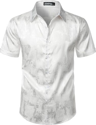ZEROYAA Men's Shiny Luxury Silk Satin Jacquard Dress Shirt Short Sleeve Button Up Shirts for Party Prom in Saudi Arabia