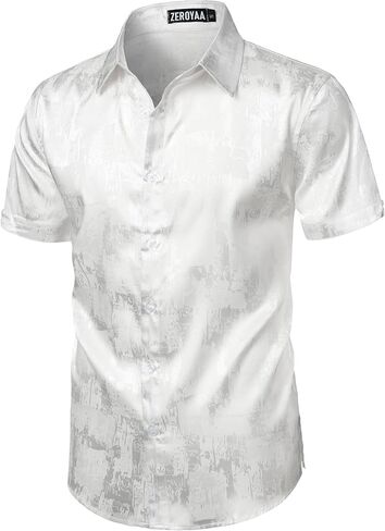 ZEROYAA Men's Shiny Luxury Silk Satin Jacquard Dress Shirt Short Sleeve Button Up Shirts for Party Prom in Saudi Arabia