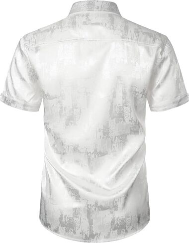 ZEROYAA Men's Shiny Luxury Silk Satin Jacquard Dress Shirt Short Sleeve Button Up Shirts for Party Prom in Saudi Arabia
