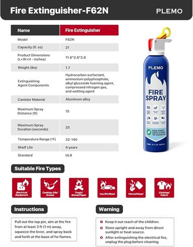 PLEMO Fire Extinguisher, All-in-1 Fire Spray for Home, Kitchen, Car, RV, Garage, Truck, and Camping, F60L, 2-Pack in Kuwait