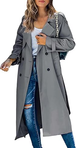 OMZIN Women Solid Color Double Breasted Jacket Plus Size Cosy Long Trench Coat with Belt Spring Raglan Long Sleeve Overcoat in Saudi Arabia
