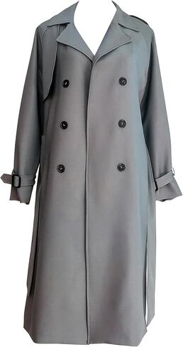 OMZIN Women Solid Color Double Breasted Jacket Plus Size Cosy Long Trench Coat with Belt Spring Raglan Long Sleeve Overcoat in Saudi Arabia