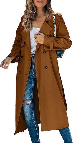 OMZIN Women Solid Color Double Breasted Jacket Plus Size Cosy Long Trench Coat with Belt Spring Raglan Long Sleeve Overcoat in Saudi Arabia
