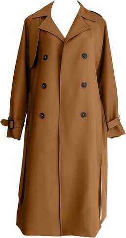 OMZIN Women Solid Color Double Breasted Jacket Plus Size Cosy Long Trench Coat with Belt Spring Raglan Long Sleeve Overcoat in Saudi Arabia