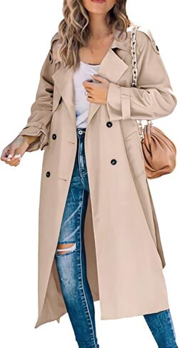 OMZIN Women Solid Color Double Breasted Jacket Plus Size Cosy Long Trench Coat with Belt Spring Raglan Long Sleeve Overcoat in Saudi Arabia