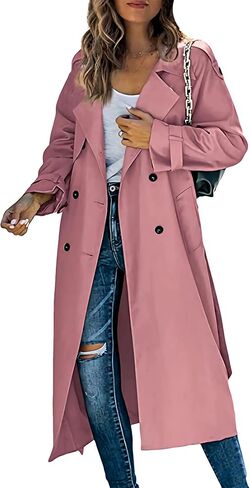 OMZIN Women Solid Color Double Breasted Jacket Plus Size Cosy Long Trench Coat with Belt Spring Raglan Long Sleeve Overcoat in Saudi Arabia