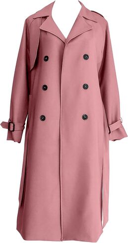 OMZIN Women Solid Color Double Breasted Jacket Plus Size Cosy Long Trench Coat with Belt Spring Raglan Long Sleeve Overcoat in Saudi Arabia