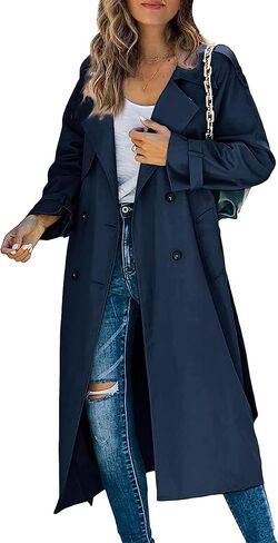 OMZIN Women Solid Color Double Breasted Jacket Plus Size Cosy Long Trench Coat with Belt Spring Raglan Long Sleeve Overcoat in Saudi Arabia