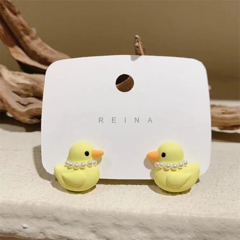 Cute Yellow Duck Pearl Stud Earrings for Women Sterling Silver Posts Funny Cartoon Animal Studs Sensitive Ears Hypoallergenic Fashion Jewelry for Daughter in Saudi Arabia