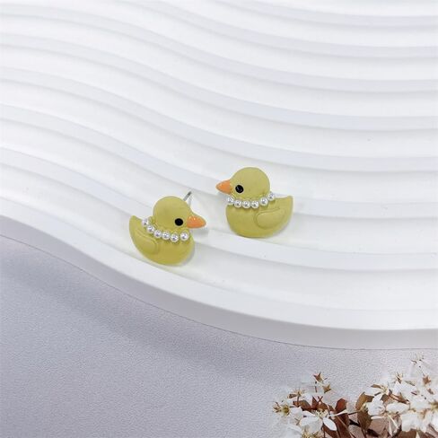 Cute Yellow Duck Pearl Stud Earrings for Women Sterling Silver Posts Funny Cartoon Animal Studs Sensitive Ears Hypoallergenic Fashion Jewelry for Daughter in Saudi Arabia