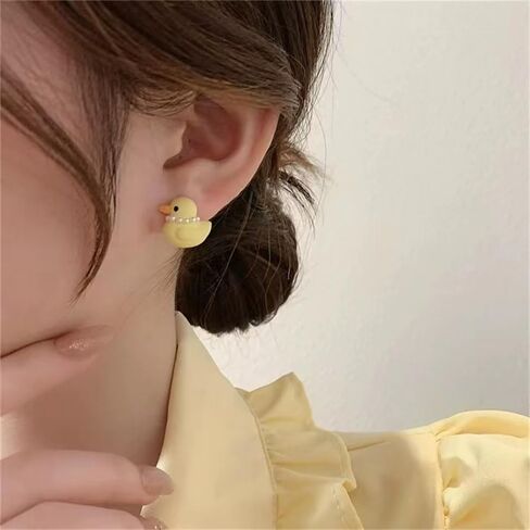 Cute Yellow Duck Pearl Stud Earrings for Women Sterling Silver Posts Funny Cartoon Animal Studs Sensitive Ears Hypoallergenic Fashion Jewelry for Daughter in Saudi Arabia