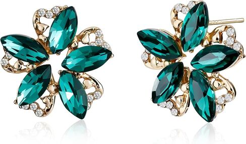 Emerald Green Stud Earrings – Exquisite Green and 14K Gold Plated Flower Stud Earrings Design with Emerald Gemstones Accents, Perfect Floral Jewelry for Everyday Elegance in Saudi Arabia