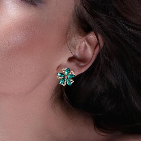 Emerald Green Stud Earrings – Exquisite Green and 14K Gold Plated Flower Stud Earrings Design with Emerald Gemstones Accents, Perfect Floral Jewelry for Everyday Elegance in Saudi Arabia