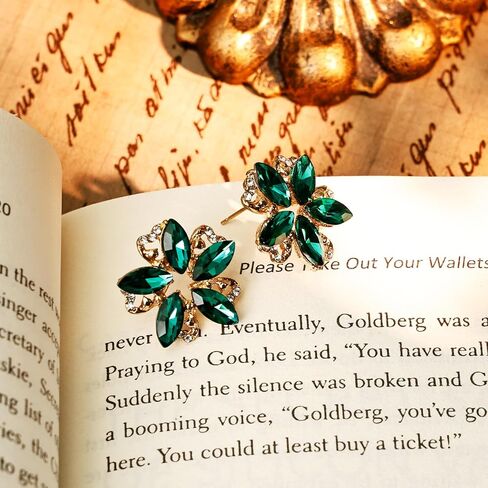 Emerald Green Stud Earrings – Exquisite Green and 14K Gold Plated Flower Stud Earrings Design with Emerald Gemstones Accents, Perfect Floral Jewelry for Everyday Elegance in Saudi Arabia