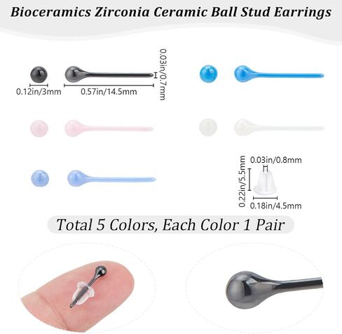 Beebeecraft 1 Box 5 Pairs Bioceramics Stud Earrings 5 Colors Half Hoop Zirconia Ceramic Round Ball Porcelain Studs Post Earrings for Newly Pierced Ears Sensitive Ear Everyday Wear Women in Saudi Arabia