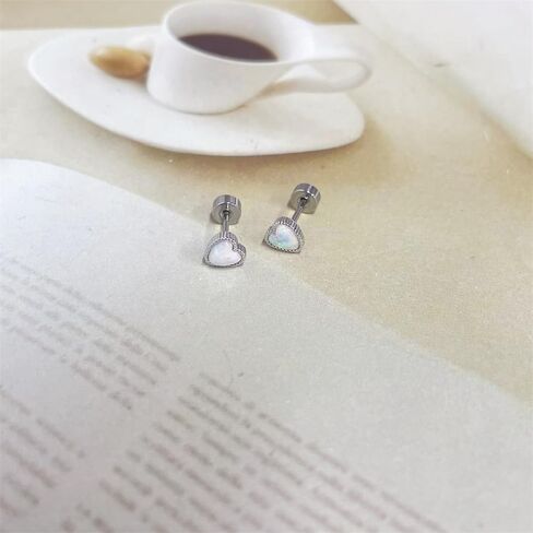 18G Opal Pink Heart Love Flat Screw Back Stud Earrings for Women Teen Cute Titanium Surgical Steel Tiny Glitter Hearted Cartilage Piercing Sleeper Studs Sensitive Ears in Saudi Arabia