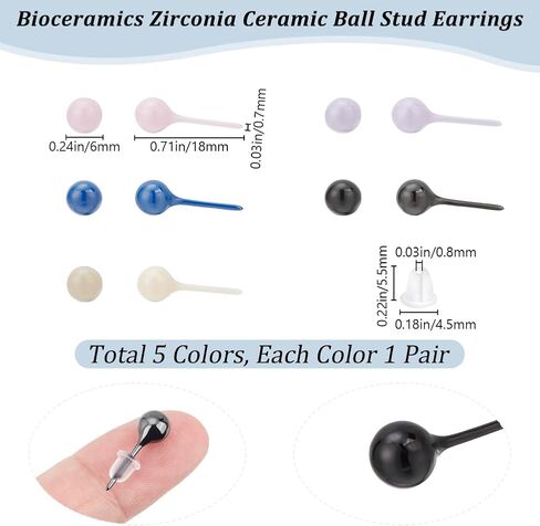 Beebeecraft 1 Box 5 Pairs Bioceramics Stud Earrings 5 Colors Half Hoop Zirconia Ceramic Round Ball Porcelain Studs Post Earrings for Newly Pierced Ears Sensitive Ear Everyday Wear Women in Saudi Arabia