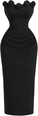 GORGLITTER Women's Corset Midi Dress Flower Applique Strapless Wedding Guest Cocktail Split Bodycon Floral Dresses in Saudi Arabia