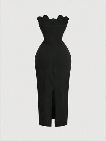 GORGLITTER Women's Corset Midi Dress Flower Applique Strapless Wedding Guest Cocktail Split Bodycon Floral Dresses in Saudi Arabia