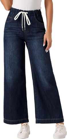 Allegra K Casual Denim Pants for Women's Drawstring Elastic Waist Wide Legs Jeans in Saudi Arabia