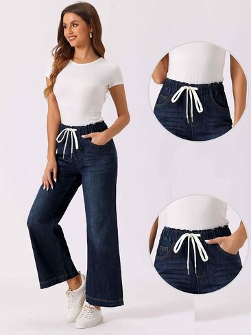 Allegra K Casual Denim Pants for Women's Drawstring Elastic Waist Wide Legs Jeans in Saudi Arabia