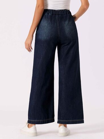Allegra K Casual Denim Pants for Women's Drawstring Elastic Waist Wide Legs Jeans in Saudi Arabia