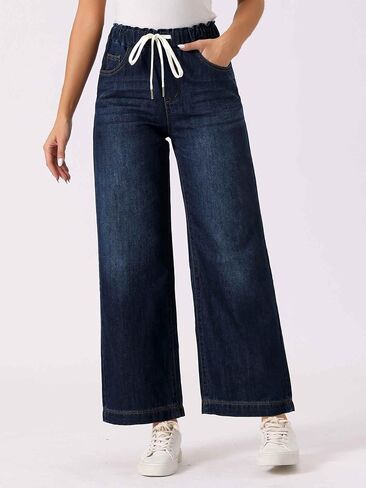 Allegra K Casual Denim Pants for Women's Drawstring Elastic Waist Wide Legs Jeans in Saudi Arabia