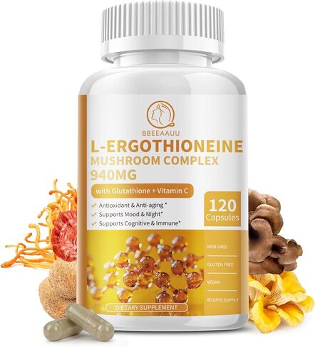 L-Ergothioneine Mushroom Complex Capsules Supplements with L-Ergothioneine 5MG, Organic Mushroom Extracts 940MG, Glutathione 150MG for Immune Support & Brain Supplement, Vegan, 120 Counts in Saudi Arabia