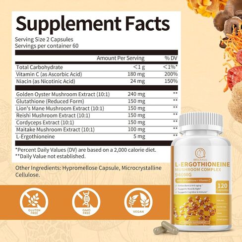 L-Ergothioneine Mushroom Complex Capsules Supplements with L-Ergothioneine 5MG, Organic Mushroom Extracts 940MG, Glutathione 150MG for Immune Support & Brain Supplement, Vegan, 120 Counts in Saudi Arabia
