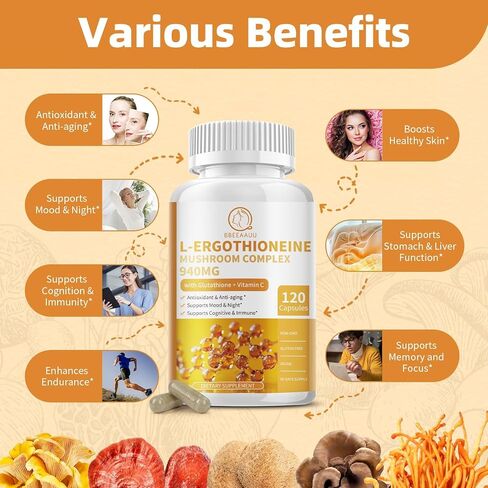 L-Ergothioneine Mushroom Complex Capsules Supplements with L-Ergothioneine 5MG, Organic Mushroom Extracts 940MG, Glutathione 150MG for Immune Support & Brain Supplement, Vegan, 120 Counts in Saudi Arabia
