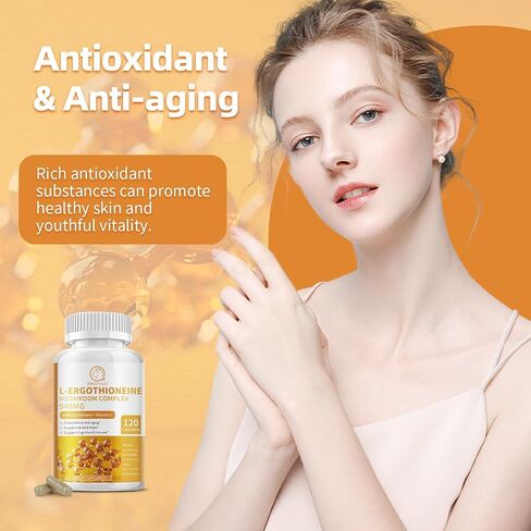 L-Ergothioneine Mushroom Complex Capsules Supplements with L-Ergothioneine 5MG, Organic Mushroom Extracts 940MG, Glutathione 150MG for Immune Support & Brain Supplement, Vegan, 120 Counts in Saudi Arabia