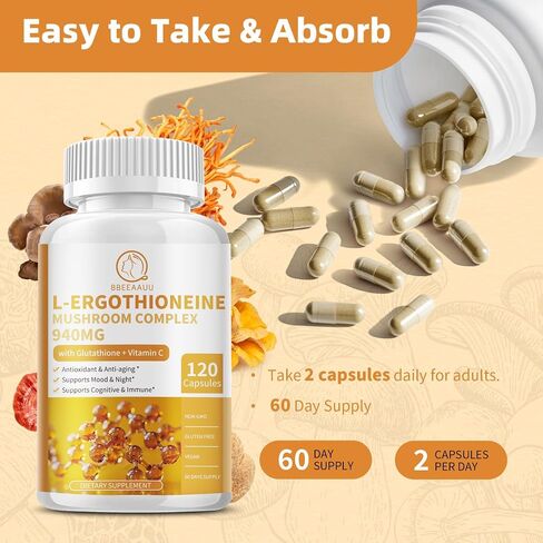 L-Ergothioneine Mushroom Complex Capsules Supplements with L-Ergothioneine 5MG, Organic Mushroom Extracts 940MG, Glutathione 150MG for Immune Support & Brain Supplement, Vegan, 120 Counts in Saudi Arabia