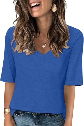 Minetom Women's V Neck T Shirts Casual Half Sleeve Tops Basic Summer Tees in Kuwait