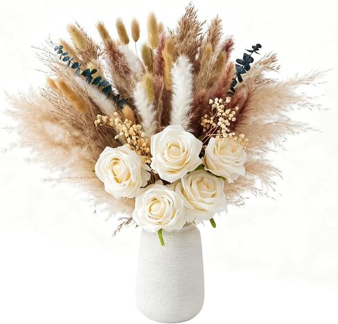100pcs Artificial Flowers Arrangement With Ceramic Vase Included, Fake Flowers in Vase, Table Centerpiece Decorations, Boho Natural Dried Pampas Grass, Dining Table, Coffee Table, Living Room Decor in Saudi Arabia