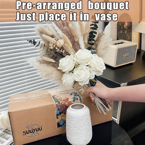 100pcs Artificial Flowers Arrangement With Ceramic Vase Included, Fake Flowers in Vase, Table Centerpiece Decorations, Boho Natural Dried Pampas Grass, Dining Table, Coffee Table, Living Room Decor in Saudi Arabia