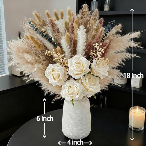 100pcs Artificial Flowers Arrangement With Ceramic Vase Included, Fake Flowers in Vase, Table Centerpiece Decorations, Boho Natural Dried Pampas Grass, Dining Table, Coffee Table, Living Room Decor in Saudi Arabia