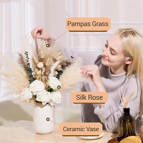 100pcs Artificial Flowers Arrangement With Ceramic Vase Included, Fake Flowers in Vase, Table Centerpiece Decorations, Boho Natural Dried Pampas Grass, Dining Table, Coffee Table, Living Room Decor in Saudi Arabia