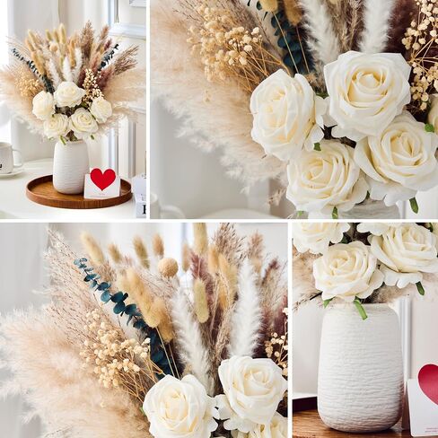100pcs Artificial Flowers Arrangement With Ceramic Vase Included, Fake Flowers in Vase, Table Centerpiece Decorations, Boho Natural Dried Pampas Grass, Dining Table, Coffee Table, Living Room Decor in Saudi Arabia
