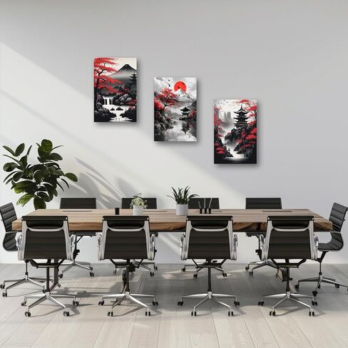 PBXBJY لوحة فنية جدارية من القماش الياباني مكونة من 3 قطع من لوحات المناظر الطبيعية اليابانية وأشجار زهر الكرز باللونين الأحمر والأسود وإطار ديكور لغرفة المعيشة والمكتب (12 × 16 بوصة × 3 قطع) in Kuwait