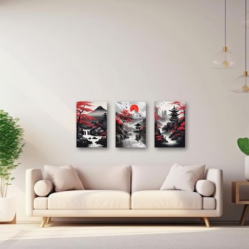 PBXBJY لوحة فنية جدارية من القماش الياباني مكونة من 3 قطع من لوحات المناظر الطبيعية اليابانية وأشجار زهر الكرز باللونين الأحمر والأسود وإطار ديكور لغرفة المعيشة والمكتب (12 × 16 بوصة × 3 قطع) in Kuwait