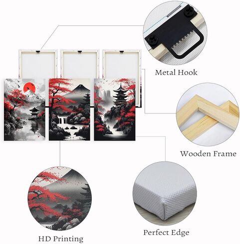 PBXBJY لوحة فنية جدارية من القماش الياباني مكونة من 3 قطع من لوحات المناظر الطبيعية اليابانية وأشجار زهر الكرز باللونين الأحمر والأسود وإطار ديكور لغرفة المعيشة والمكتب (12 × 16 بوصة × 3 قطع) in Kuwait