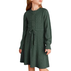 GRACE KARIN Girls Sweater Dress Fall Winter Long Sleeve Kids Fashion Drawstring Waist Cable Knit Dresses Size 5-12 in Kuwait