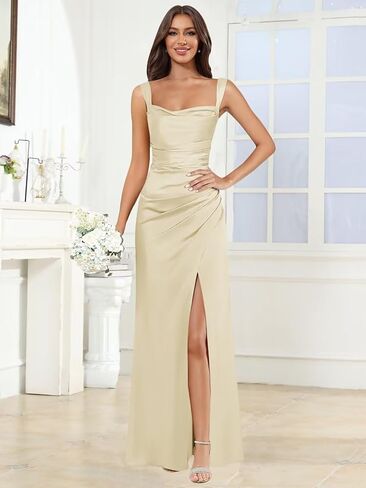 Women's Satin Mermaid Bridesmaid Dresses Square Collar Mermaid Pleated Formal Dress with Slit WTT99 in Saudi Arabia